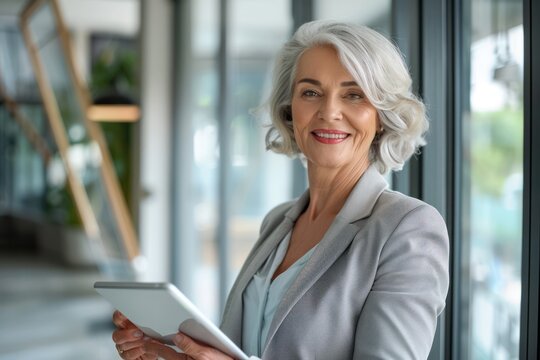 Smiling Mature Professional Business Woman Bank Manager, Older Happy Female Executive Or Lady Entrepreneur Holding Digital Tablet Pad Standing In Office At Work, Looking Away At Copy Space.