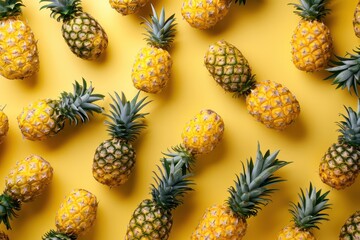 Summer pineapple background or pattern top view, juicy yellow exotic fruit 