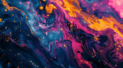 Vivid abstract painting with a mesmerizing swirl of colors, including deep blues, vibrant purples, and electrifying yellows, creating a dynamic and fluid visual texture. - obrazy, fototapety, plakaty