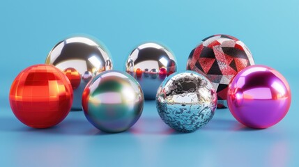 Group of shiny Christmas balls on blue surface. Perfect for holiday decorations