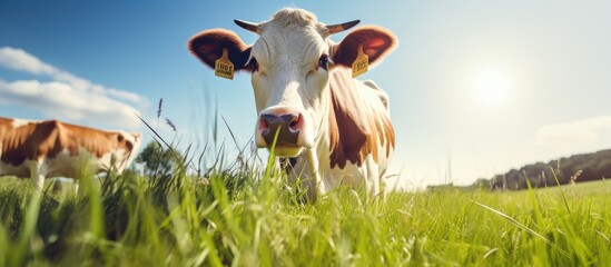 Grazing Cow at Peace in Lush Green Pasture under Clear Blue Sky - obrazy, fototapety, plakaty