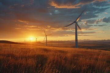 Wind turbines in a field with a beautiful sunset background. Ideal for renewable energy concepts