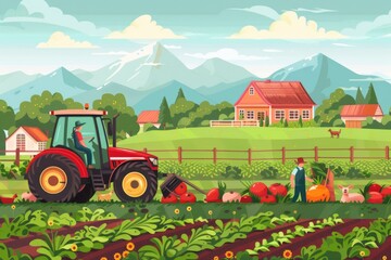 A scenic farm with a tractor and various farm animals. Suitable for agricultural concepts and rural lifestyle themes