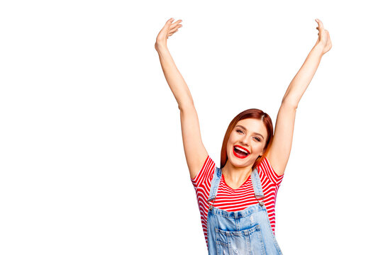 Life is good great! Sale discount hot summer weekend concept. Close up studio photo portrait of pretty astonished attractive active lady holding hands up isolated on bright vivid shine background