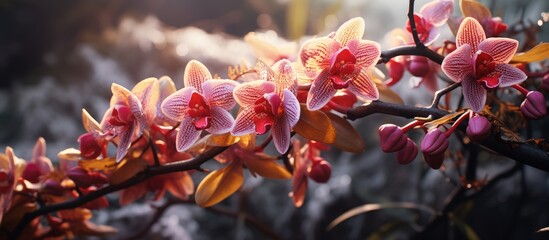 Delicate Cymbidium Orchid Flowers Blooming on a Tree Branch in the Springtime - obrazy, fototapety, plakaty