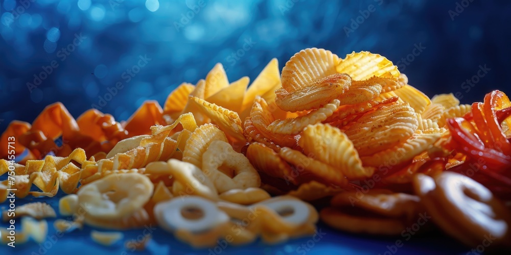 Poster various food items arranged on a table, suitable for food and dining concepts