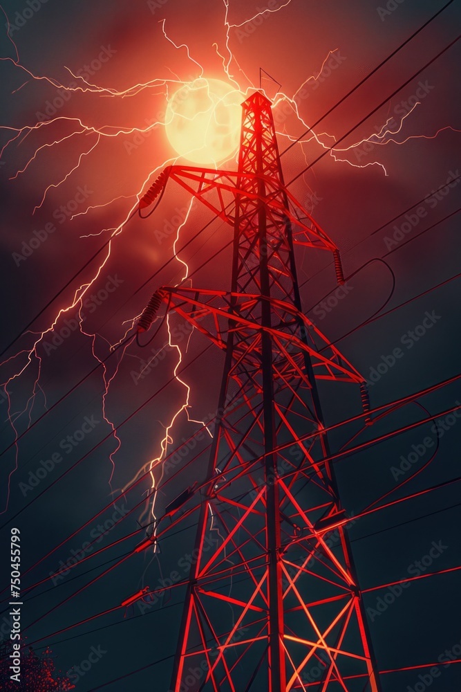 Poster a dramatic image of a red electric pole with lightning in the sky. suitable for illustrating power o