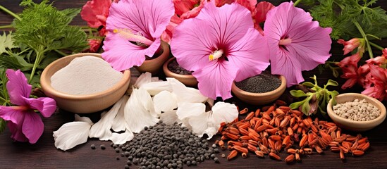 Abelmosk Ambrette Seeds: Medicinal Properties of Musk Mallow Flower on Natural Background - 750455754