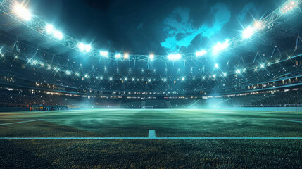 An empty football stadium at night under illuminated floodlights with a lush green field