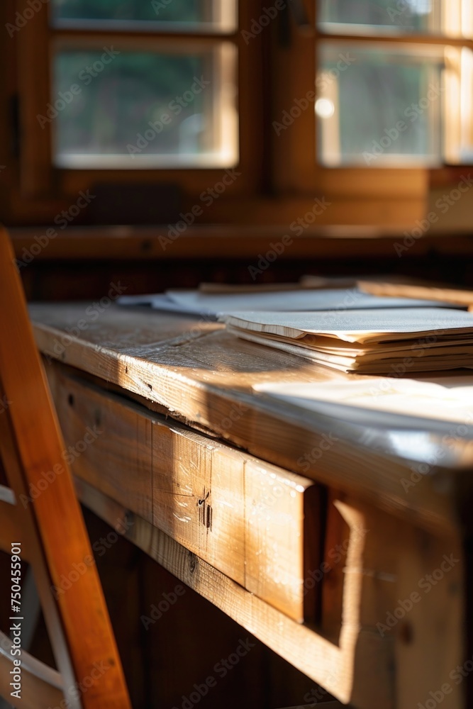 Poster a stack of books on a wooden table. suitable for education or reading concept