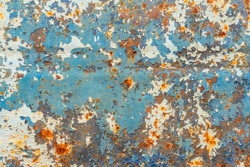 A rusty blue metal wall with fallen paint, a rusty background.