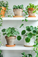 A variety of potted plants neatly arranged on a shelf. Ideal for interior design and gardening concepts