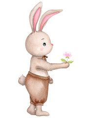 Cute bunny boy with a flower. Children's illustration. Hand drawn watercolor. Baby shower, birthday, children's party. Clipart for print, invitation, poster, greeting card, logo, postcard, etc.