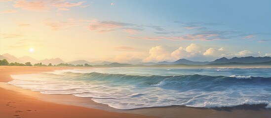 Fototapeta na wymiar Serene Coastal Landscape with Majestic Waves and Mountain Range at Sunrise