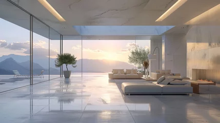 Foto op Canvas Modern living room with floor-to-ceiling windows overlooking a mountainous sunset landscape, featuring minimalist furniture, glossy floors, and indoor plants. © ChubbyCat