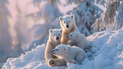 A family of polar bear cubs playing in the snow, their adorable antics captured against a snowy...