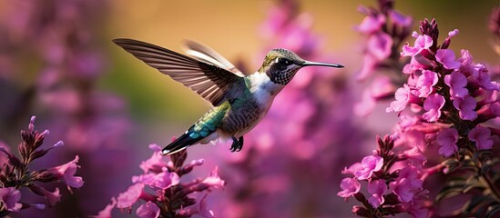 Fototapeta premium Graceful Hummingbird Soaring Above a Stunning Pink Blossom, Nature's Delicate Dance