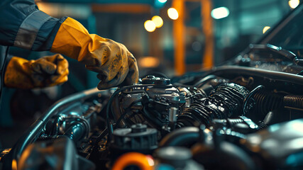 auto mechanic working in workshop, close up a car mechanic repairing car engine, service worker at the work - obrazy, fototapety, plakaty