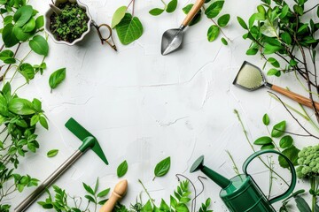 Watering can with gardening tools and green bunch of twigs and leaves on white desk background, top view, border  - obrazy, fototapety, plakaty