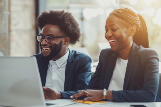 Two Smiling Professional Business People Talking Using Laptop Computer Working In Office. Happy Colleagues Or Entrepreneurs Team Man And Woman Discussing Corporate Technology At Workplace.