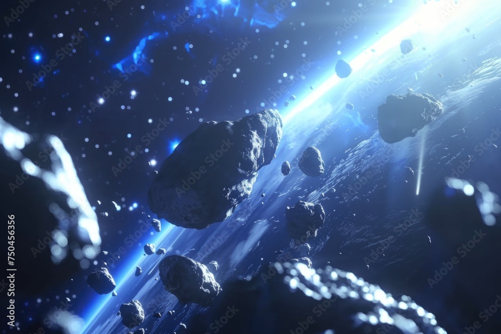 Poster A group of rocks floating in outer space. Suitable for science fiction or space exploration concepts