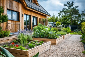 Wooden raided beds in modern garden growing plants herbs spices vegetables and flowers near a wooden house in the countryside 