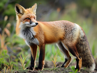 The red fox looks over its shoulder, its fur aglow in the soft golden light of dawn or dusk.