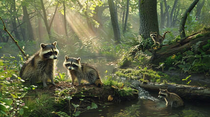 A family of raccoons scavenging for food near a babbling brook in a sunlit clearing within a lush green forest. - obrazy, fototapety, plakaty