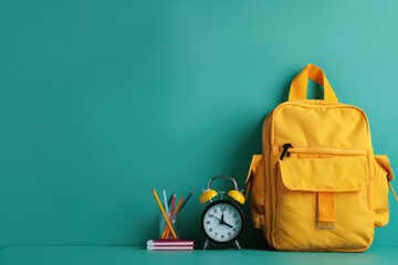 Yellow backpack with alarm clock and school equipment. Back to school concept on green background