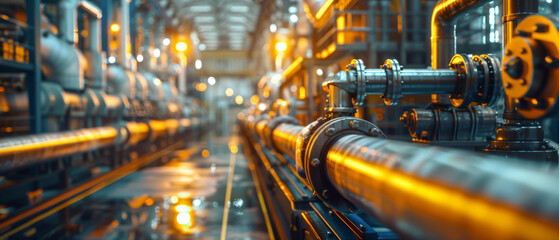 A vibrant industrial interior showcasing a series of metallic pipelines running along the length of the facility with valves and meters attached - obrazy, fototapety, plakaty