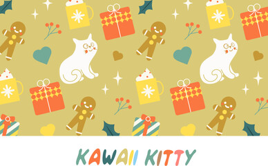 seamless Kawaii Cats vector illustration  Smiling Kitty, cute and round-faced cat