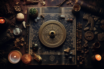 Dark, atmospheric setting of an astrology-themed workspace with antique zodiac wheel and esoteric items