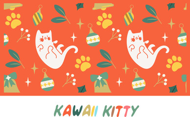 seamless Kawaii Cats vector illustration  Smiling Kitty, cute and round-faced cat