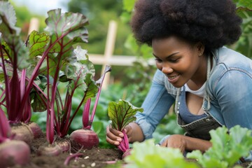 young african american woman inspecting beets just pulled from the dirt in community urban garden  - Powered by Adobe