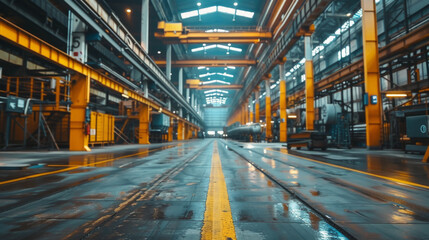 Fototapeta na wymiar Inside a large industrial warehouse with a symmetrical view of yellow safety lines on the floor leading towards steel support structures, machinery, and overhead lighting.
