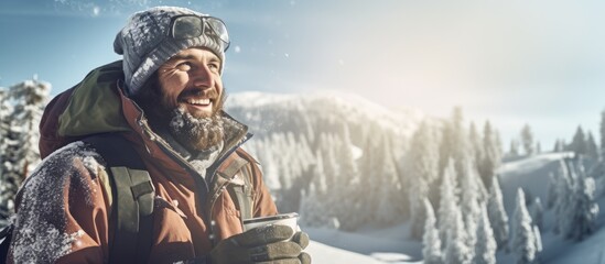 Joyful Skier Embraces Winter Adventure with Hot Beverage in Snowy Mountains - Powered by Adobe