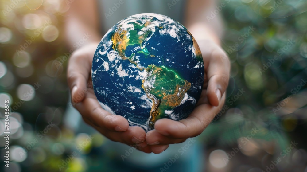 Aufkleber person holding a small globe in their hands. suitable for educational and environmental concepts