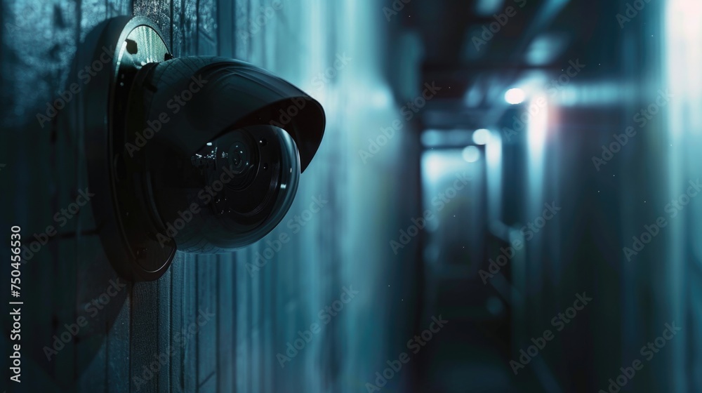 Poster surveillance camera mounted on a wall, suitable for security concepts