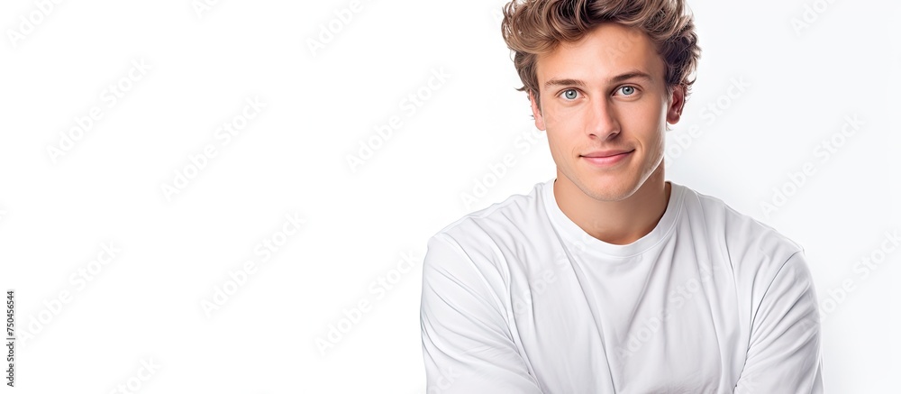 Poster confident young man with crossed arms making eye contact in studio portrait