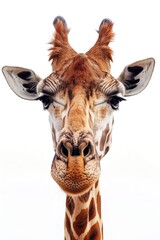 Close up of a giraffe's face on a white background, perfect for educational materials or wildlife presentations
