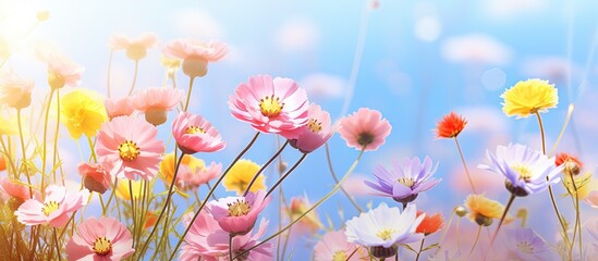 Vibrant Flower Field Under Blue Skies: Summer Bloom Paradise for Nature Lovers