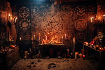 Eerie occult setup with candles, skulls, and mystical symbols in a dimly lit room - obrazy, fototapety, plakaty
