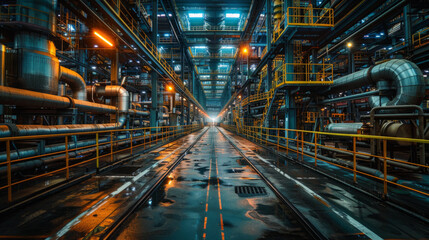 Fototapeta na wymiar Industrial interior of a steel plant with symmetrical perspective, full of pipes, steel beams, staircases, and catwalks with yellow safety rails