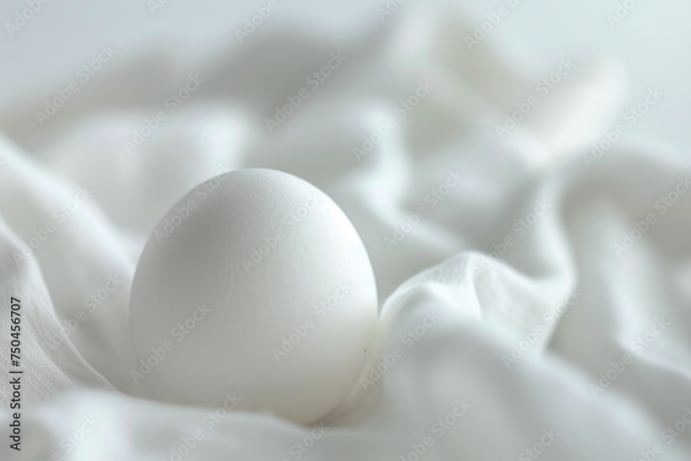 Poster a white egg resting on a soft white fabric, suitable for various concepts and designs