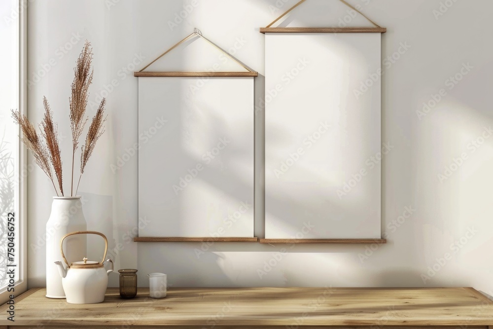 Poster Two empty picture frames hanging on a wall next to a vase. Ideal for interior design concepts