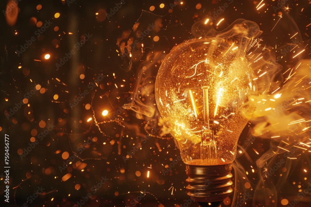 Poster a light bulb with sparks coming out of it. can be used to represent creativity or ideas