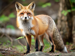 The red fox looks directly into camera, its fur aglow in the soft golden light of dawn or dusk.