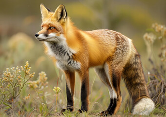 Naklejka na ściany i meble The red fox looks straight ahead, its fur aglow in the soft golden light of dawn or dusk.