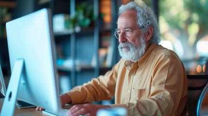 Obraz premium An older man is sitting at a desk with a computer monitor in front of him. He is wearing glasses and he is focused on his work