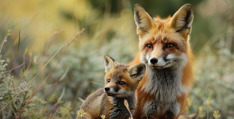 A red fox and its cub share a quiet moment, the cub looking up to its mother against a backdrop of wild greenery.